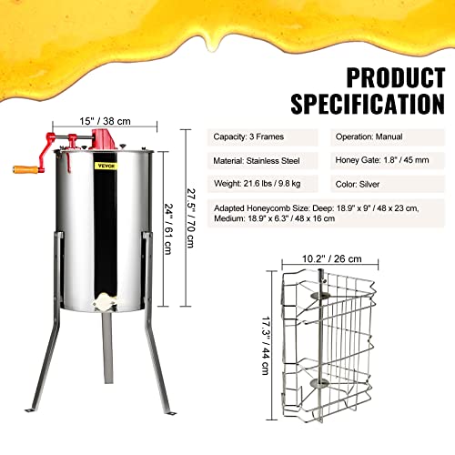 VEVOR 3 Frame Honey Extractor, Stainless Steel Manual Beekeeping Extraction, Honeycomb Drum Spinner with Transparent Lid, Apiary Centrifuge Equipment with Height Adjustable Stand - style: 3 Frame