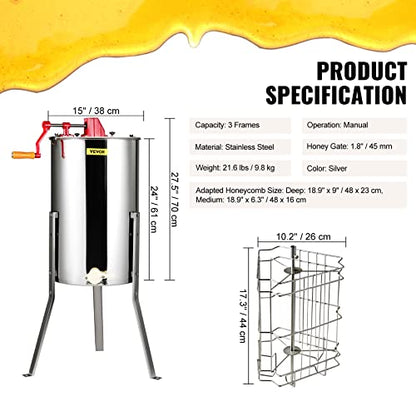 VEVOR 3 Frame Honey Extractor, Stainless Steel Manual Beekeeping Extraction, Honeycomb Drum Spinner with Transparent Lid, Apiary Centrifuge Equipment with Height Adjustable Stand - style: 3 Frame