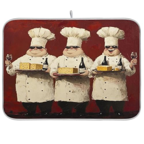 Chefs Cheese Wine Red Dish Drying Mat for Kitchen Counter with Absorbent Quick Dry Slip Resistant Dish Drying Pad for Sink Draining Racks Coffee Bar, 16 x 18 Inches