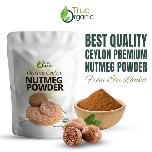 True Organic Ceylon Nutmeg Powder, Premium Grade, USDA & Kosher Certified, Gluten Free, Pure Ceylon Premium Quality, Ground 3.5 Oz