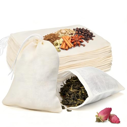 20 Pack Reusable Tea Bags, Natural Unbleached Muslin Bags with Drawstring, Spice Bags for Cooking, Loose Leaf Tea, Herbs & Coffee, Fine Mesh Filter Bags (3 x 4 in)