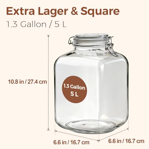 ComSaf 5L Square Glass Jars with Airtight Lids (1.3 Gallon, Set of 2), Space-Saving Canisters for Bulk Flour & Rice Storage, Ideal for Large-Batch Fermenting, Pickling & Kombucha - size: 1.3 Gal*2