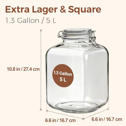 ComSaf 5L Square Glass Jars with Airtight Lids (1.3 Gallon, Set of 2), Space-Saving Canisters for Bulk Flour & Rice Storage, Ideal for Large-Batch Fermenting, Pickling & Kombucha - size: 1.3 Gal*2