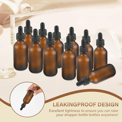 NOOEEISS 12 Pcs, 2oz Dropper Bottle, Amber Glass Eye Dropper Bottle, Tincture Bottles with Dropper, Pretty Finish, Leak-Proof Design, Stronger Suction for All Kinds of Mixed Liquids - color: Amber Frosted, size: 2oz-12Pack