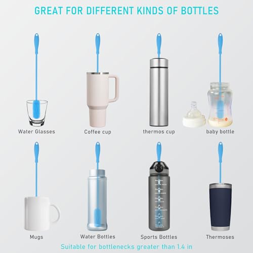 15.7" Silicone Bottle Brush, ddLUCK Water Bottle Cleaner Brush for Stanley, Hydroflasks, Glass, Thermos Sports Bottle, Vase and Glassware, Bottle Brush Cleaner for Small Narrow Neck Containers (Blue) - color: Long Blue