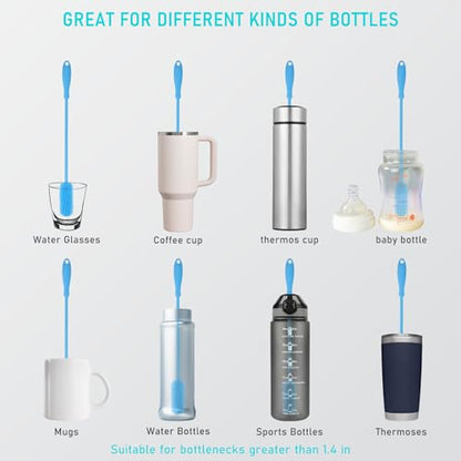 15.7" Silicone Bottle Brush, ddLUCK Water Bottle Cleaner Brush for Stanley, Hydroflasks, Glass, Thermos Sports Bottle, Vase and Glassware, Bottle Brush Cleaner for Small Narrow Neck Containers (Blue) - color: Long Blue