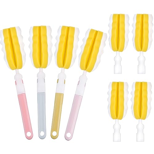 INVODA 4PCS Bottle Brush Long Handle Cup Cleaner Brush Sponge Bottle Scrubber Replaceable Brush Head Portable Bottle Cleaning Brush for Baby Bottle Dishwashing Kitchen Clean Mugs (4PCS+ 4 Brush heads) - color: 4 Pcs+ 4 Brush Heads
