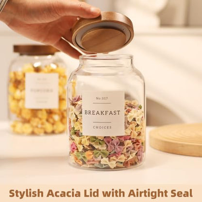 2 Pack Glass Food Storage Containers with Airtight Acacia Wood Lids and 132 Kitchen Pantey Labels Preprint - 43 LF OZ Borosilicate Glass Canister Sets for Food,Coffee,Cookie,Tea,Candy,Sugar - size: 45oz-2 Pack