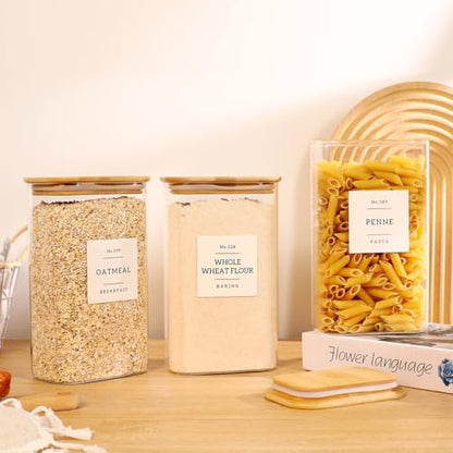 3 Pack Square Glass Pantry Storage Containers with 132 Kitchen Food Pantry Labels - 51 floz Clear Glass Pantry Jars with Airtight Wood Bamboo Lids - Glass Canisters for Candy, Cereal, Coffee, Spice - size: 51oz-3pack