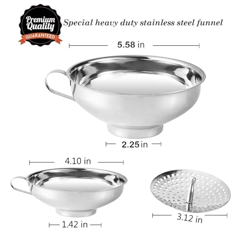 Canning Funnel with Strainer for Wide and Regular Mason Jars - Wide-Mouth Funnels for Kitchen Use - Canning Supplies Kit - Stainless Steel - 3 Pack (Small and Large)