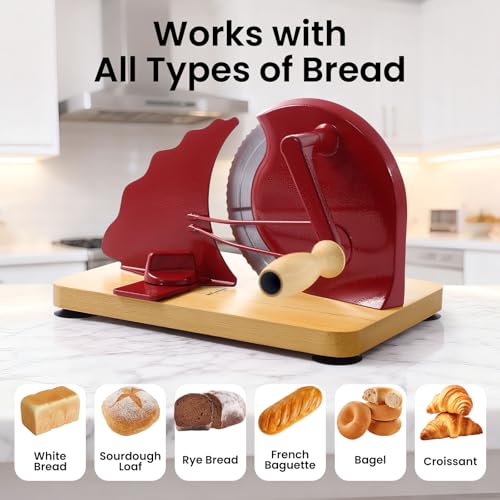 Manual Bread Slicer for Homemade Bread, Bread Cutter for Adjustable and Even Slices, Classic Hand Crank Sourdough Slicer with Scale Line & Powerful Suction Cup, Sharp Stainless Steel Blade (Red) - color: Red