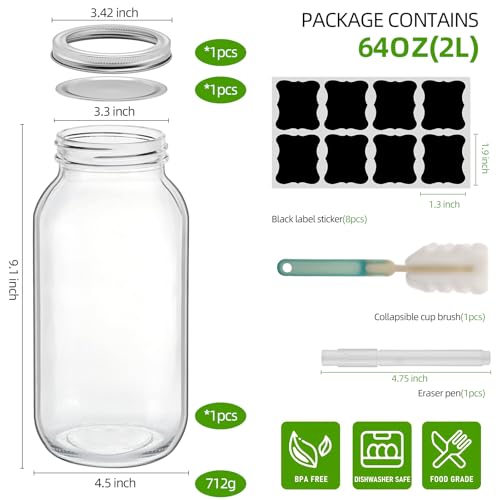 1Pc 64 oz Mason Jars Wide Mouth, Large Half Gallon/ 2 Quart Mason Jar with Airtight Lids,Air Tight Glass Pickling Jars for Canning,Fermenting,Food Storage (1)