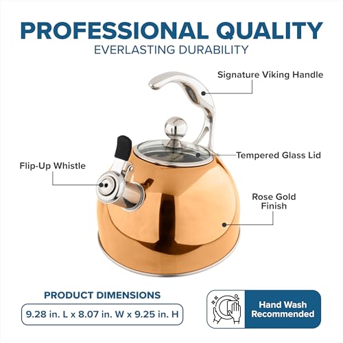 Viking 3-Ply Stainless Steel Tea Kettle, 2.6 Quart Stovetop Hot Water Pot with Tempered Glass Lid, Ergonomic Handle, Induction Ready, Rose Gold - color: Rose Gold