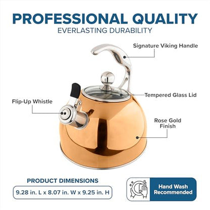 Viking 3-Ply Stainless Steel Tea Kettle, 2.6 Quart Stovetop Hot Water Pot with Tempered Glass Lid, Ergonomic Handle, Induction Ready, Rose Gold - color: Rose Gold