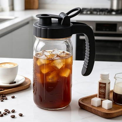 Mason Jar Pitcher 32 Oz Glass Breast Milk Pitcher With Spout Lid 1 Quart Wide Mouth Fridge Cold Hot Water Jug Airtight Small Creamer Pitchers For Iced Sun Tea Coffee Juice Beverage Heavy Duty - color: 32 OZ 2PC