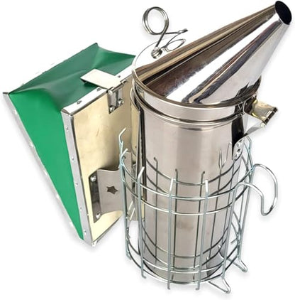 Foxhound Bee Co Stainless Steel 12.5-inch Pro Smoker for Beekeeping with Heat Chamber, Burn Shield, Green Bellow and Heavy Duty Features for Producing Smoke when Working Bee Hives (Large)