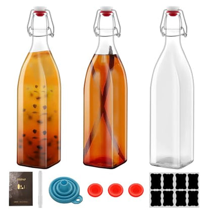 3 Pack 32oz Square Swing Top Glass Bottles, 1000ML Bottles with Airtight Stoppers for Kombucha, Kefir, Vanilla Extract, Beer(Bonus Gaskets, Labels and Funnel)