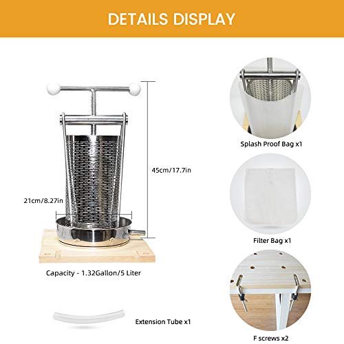 SQUEEZE master Fruit Wine Tincture Herb Cheese Manual Tabletop Press making Apple Cider-1.32Gallon/ 5 Litre- all-in-one Stainless Steel-Labor-saving Handle Bar-for Juice,Nut Milk Olive Oil