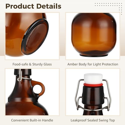 4 Pcs 34oz Beer Bottles for Home Brewing, Amber Glass Gallon Jugs with Airtight Swing Top, Flip Top Storage Bottles Set with Pourers, Funnels, Labels, Glass Containers for Home Brewing