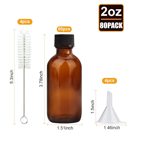 Maredash 2 oz Amber Glass Bottles, Small Boston Round Glass Bottles (80 Pack) with Leak-proof Caps, Refillable Container for Homemade Extract, Essential Oils, Herbal Medicine and More