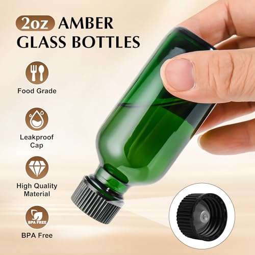 Small Glass Bottles with Lids Boston Round Shot Bottles for Health, Immunity, Ginger Juice, Essential Oils, Potion - Leak Proof Mini Travel Containers (Green UV, 2oz-48Pack) - color: Green UV, size: 2oz-48Pack