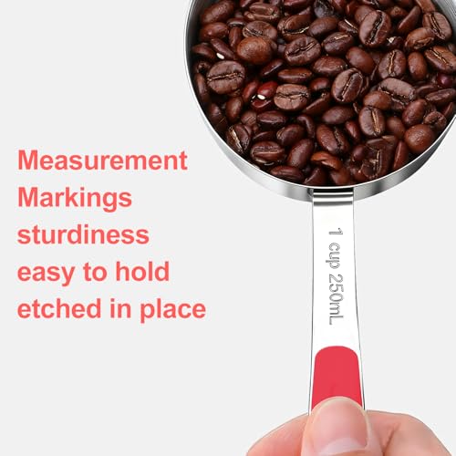 Bopei Measuring Cups and Spoons Set Stainless Steel 10 Piece for Cooking and Baking (5 Cups + 5 Spoons, Red Handle) - color: Red
