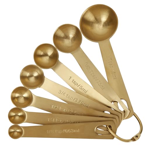 Measuring Spoons,304 Stainless Steel Measuring Cups & Spoon Set of 7 Piece:1Tbsp&1/2Tbsp,1tsp,3/4tsp,1/2tsp,1/4tsp,1/8tsp Teaspoon Coffee Scoop Tablespoon for Dry and Liquid Ingredients,Gold - color: Gold