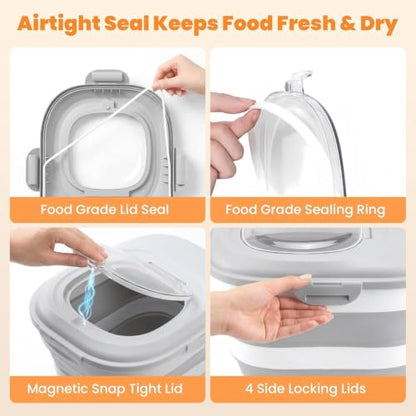 28 Lbs Dog Food Storage Container with Wheels, Collapsible Pet Food Storage Container with Clear Window, Measuring Cup & Scoop, BPA Free Cat Food Container for Rice, Flour, Grain, Bird Seed - color: Grey/28lbs