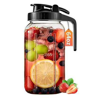 64 oz Mason Jar Pitcher with Lid, Airtight & Leakproof Glass Pitcher | 2 Quart (1/2 Gallon) Mason Jar with Pour Spout, Easy-Grip Handle, Wide Mouth, Cold Brew and Breastmilk, Iced Tea, Sun Tea - color: Black, size: 64 Ounces
