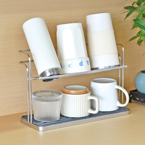 Bottle & Cup Drying Rack with Drain Tray (Stainless Steel Silver) - color: Stainless Steel Silver
