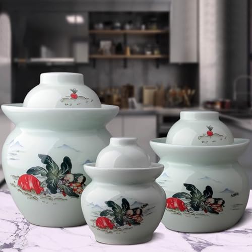 Traditional Chinese Hand Painted Porcelain Fermentation Crock With Water Seal Lid, Ceramic Pickling Jar, 1 Pcs(Pink,0.5kg) - color: Pink, size: 0.5kg