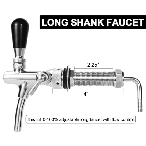 Flow Control Beer Faucet Adjustable Long Shank Keg Tap, Draft Beer Tap Faucet with 5/16'' Barbed Fitting Stainless Steel Core Brass Body Adjustable Beer Keg Tap for Homebrew