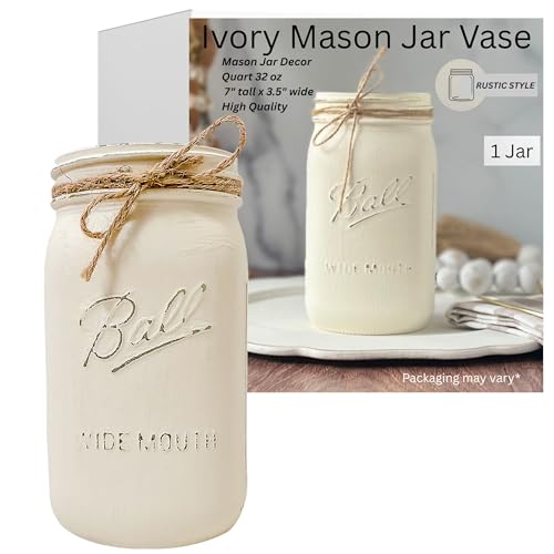 Ivory Painted Mason Jar | Vase for Flowers | 32 oz Quart Wide Mouth | 7" Height | Rustic Farmhouse Decor | Boho Decor | Kitchen Utensil Holder | Off White Vase | Flower Vase for Bouquet
