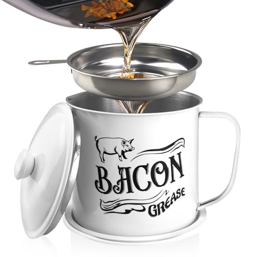 1.3L Bacon Grease Saver Container with Fine Mesh Strainer,Stainless Steel Oil Keeper Can for Bacon,46oz Large Rustic Farmhouse Fat Container, Keeper, Recipes, Dishwasher Safe (White) - color: White