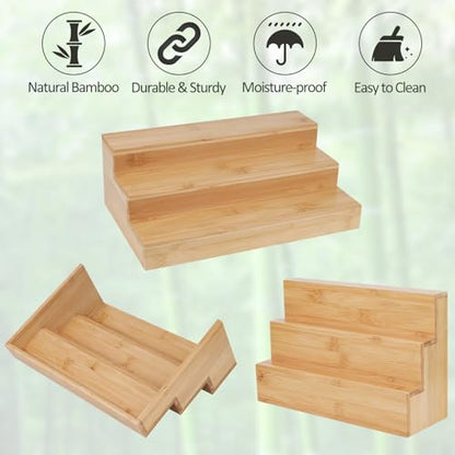 2 Pack Bamboo Spice Rack Organizer for Kitchen Counter, 3 Tier Spice Shelf Holder for Cabinet (Jars Not Included) - style: Step Shelf