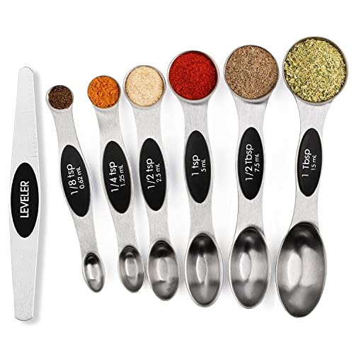 Magnetic Measuring Spoons Set Stainless Steel with Leveler, Stackable Metal Tablespoon Measure Spoon for Baking, Cups and Spoon Set Kitchen Gadgets Apartment Essentials Fits in Spice Jars - color: Silver