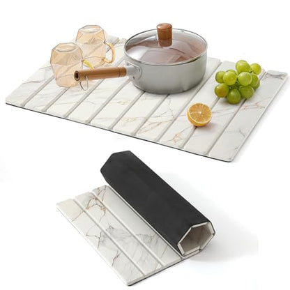 KEYCHAD Large Stone Drying Mat for Kitchen Counter - 23.4" x 15.4" Quick Drying Foldable Dish Drying Mat - Super Absorbent Diatomaceous Earth Mat - Stone Dish Drying Mat for Cups Bottles