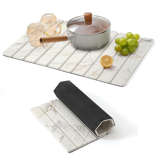KEYCHAD Large Stone Drying Mat for Kitchen Counter - 23.4" x 15.4" Quick Drying Foldable Dish Drying Mat - Super Absorbent Diatomaceous Earth Mat - Stone Dish Drying Mat for Cups Bottles
