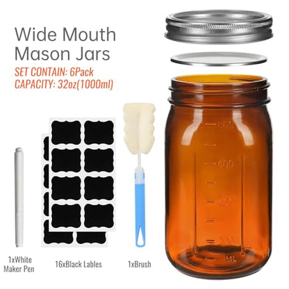 32 oz Amber Glass Mason Jars 6 Pack, Wide Mouth Airtight Lids with Bands | Amber glass, canning/preserving/jam/sauces/pickle fermenting, beverages/DIY projects, reusable, quart size, wide mouth design