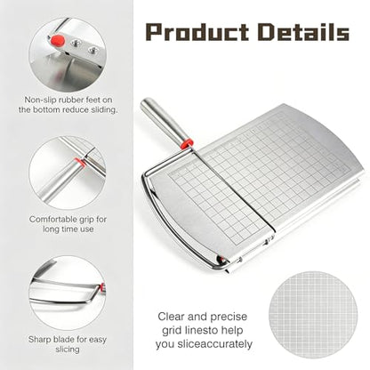 Stainless steel cheese slicer, metal cheese knife, and cutting board with measurements—perfect for slicing block cheese