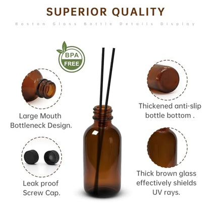2 oz Amber Glass Bottles - Small Glass Jars with Black Lids Empty Boston Bottle,Dispensing Bottles for Homemade Vanilla Extract, Essential Oils, Herbal Medicine (6)