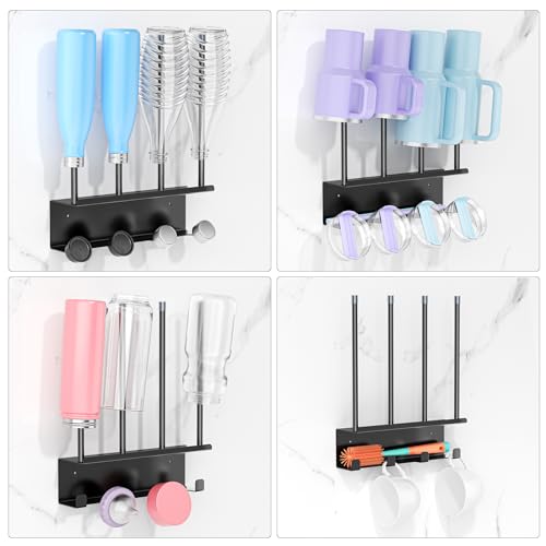 Wall Mounted Water Bottle Drying Rack with Lid & Straw Organizer, Metal Tumbler and Cup Dryer Stand, Space-Saving Drying and Storage Rack for Tumbler, Bottles, Baby Bottle & Glass (Black)