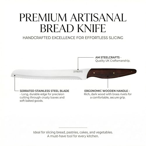 AM Steelcrafts Handmade Premium Artisanal 9 Inch Bread Knife, Serrated Stainless Steel Blade, Ergonomic Dark Wood Handle with Brass Rivets