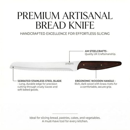 AM Steelcrafts Handmade Premium Artisanal 9 Inch Bread Knife, Serrated Stainless Steel Blade, Ergonomic Dark Wood Handle with Brass Rivets