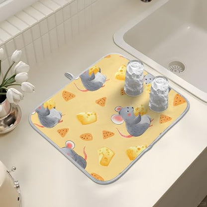 Mouse Cheese Rat Dish Drying Mats for Kitchen Counter Absorbent Microfiber Dish Drying Matt 16 x 18 Inch Draining Reusable Rack Pad - size: 16x18in