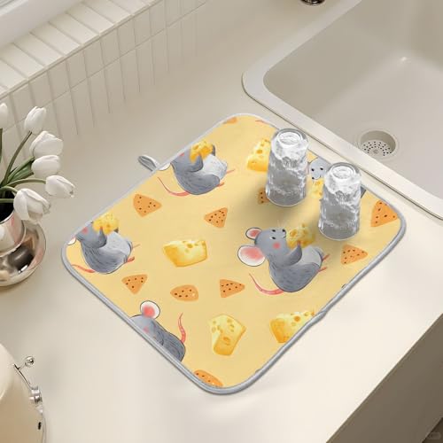 Mouse Cheese Rat Dish Drying Mats for Kitchen Counter, 18x24 inch Drying Dishes Absorbent Microfiber Dish Drainer Mat Rack Pad Fast Dry - size: 18x24in