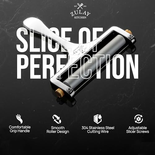 Zulay Kitchen Stainless Steel Wire Cheese Slicer - Adjustable Hand Held Cheese Cutter with 2 Extra Wires - Premium Cheese Knife for Mozzarella, Cheddar, Gruyere - Cheese Cutter with Wire (Silver) - color: Silver
