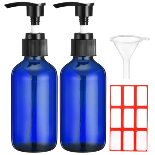Fumete 2 Pack Glass Bottles 4oz Empty Refillable Liquid Containers with 1 Label 1 Funnel for Essential Oils Hair Travel Plants Cleaning Skin Care(Blue, Black Top,Pump Bottle) - color: Blue, Black Top, style: Pump Bottle