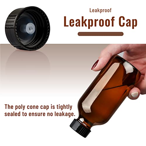 PINIWON 24 Pack 4 oz Amber Glass Bottles, 120ml Boston Round Sample Bottles with Black Poly Cone Caps, Labels, Funnels and Brush - color: Amber-24 pack
