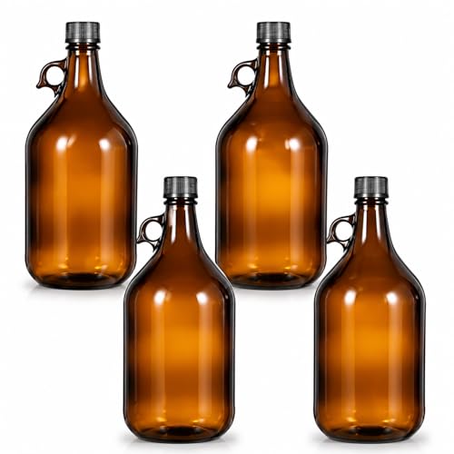 Maxdot 4 Pack 84 oz Glass Growler Bottles with Airtight Lid Amber Glass Carboy with Handle for Kombucha Beer Brewing Wine Making Castor Oil Decoration - size: 0.66 Gallon